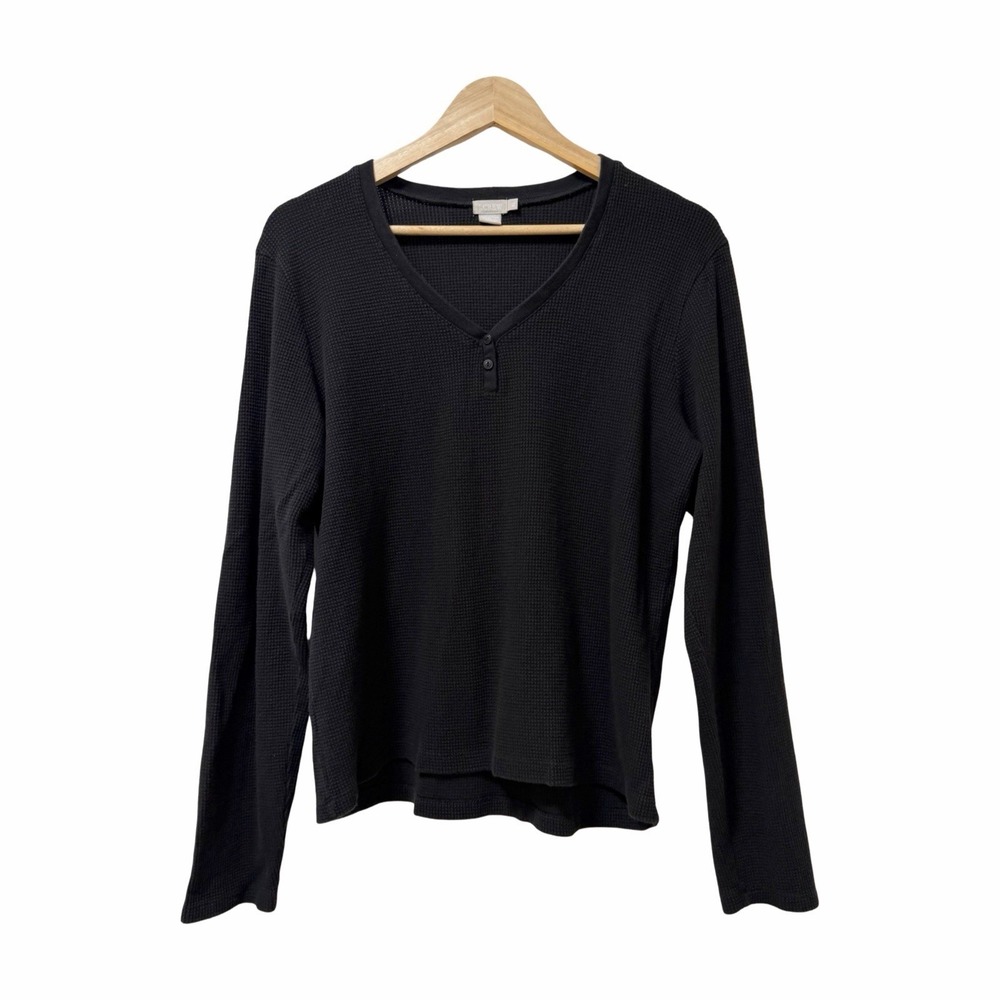 Vintage J Crew Womens Thermal Waffle Knit Long Sleeve Henley Top Size XL Black